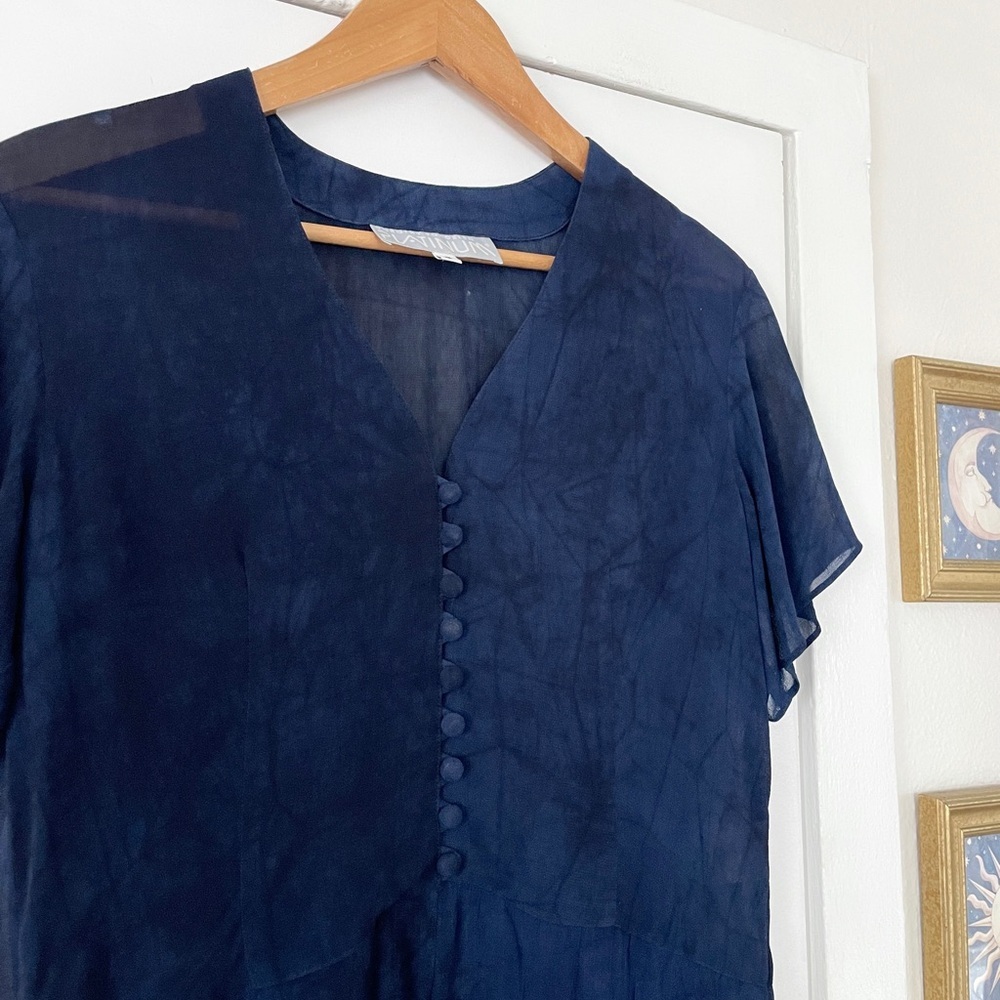 Vintage Platinum by Dorothy Schoelen Blouse Size S Navy Blue Sheer